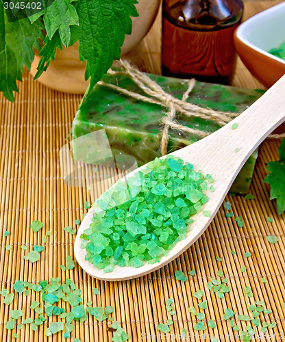 Image of Salt with nettles in mortar on board