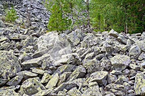 Image of Stones with yellow mold at the foot of the mountain