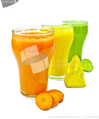 Image of Juice vegetable in three glasses with vegetables in row