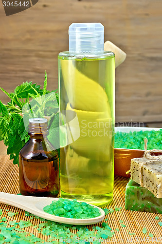 Image of Shampoo and toiletries with nettles on board