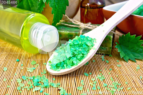 Image of Salt and toiletries with nettles on board