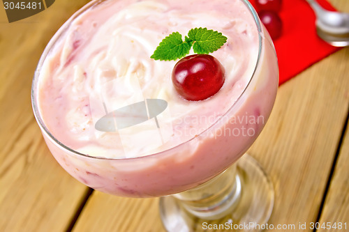 Image of Dessert milk with cherry and red napkin