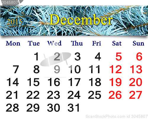 Image of calendar for December 2015 with picture of spruce