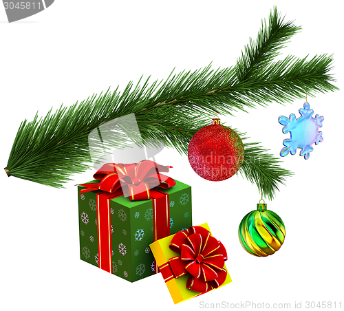 Image of Christmas tree fir branch with gifts