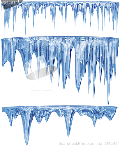 Image of set of hanging thawing icicles of a blue shade