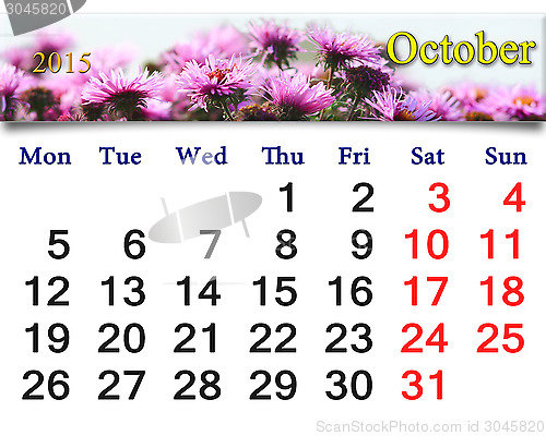 Image of calendar for October of 2015 with the pink asters