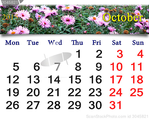 Image of calendar for October of 2015 with the pink asters
