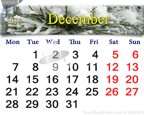 Image of calendar for December of 2015 with pine