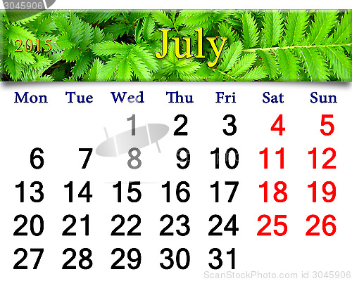 Image of calendar for July of 2015 year with image of plant