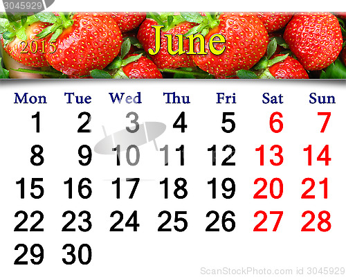 Image of calendar for the June of 2015 year with strawberry