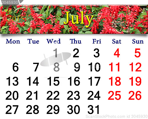 Image of calendar for July of 2015 year with salvia