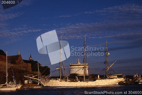 Image of The sail ship Christian Radich in front of Akershus fortress in Oslo in Norway