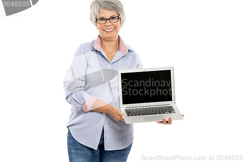 Image of Elderly woman showing something on a laptop