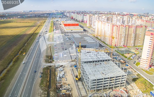 Image of Bird eye view on shopping center construction