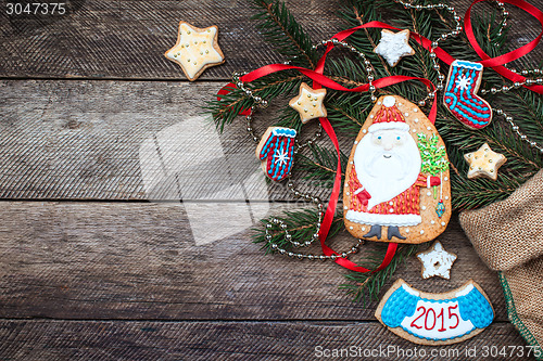 Image of Christmas Santa Claus and New Year star cookies in rustic style