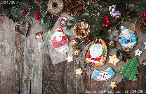 Image of Christmas decoration and cookies in rustic style