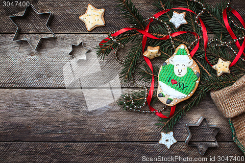 Image of New Year 2015 cute sheep cookie and Xmas decoration on wood