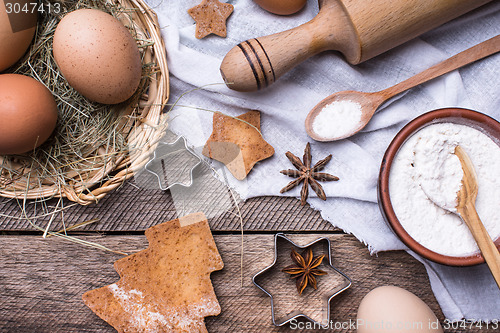 Image of Flour and eggs for Xmas pastry and holiday cookies 