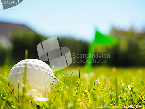 Image of Golf ball laying in rough green grass approaching the tee with g