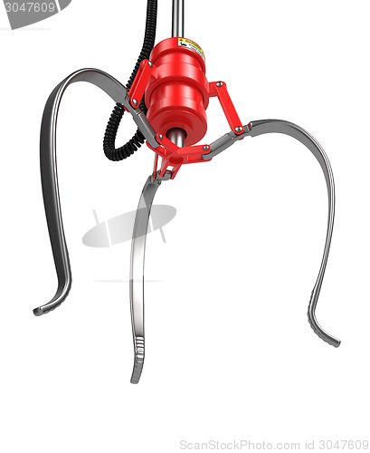 Image of Closed Metal Robotic Claw in Red Color.