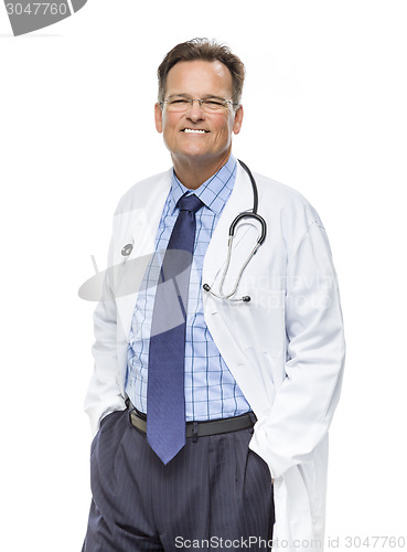 Image of Smiling Male Doctor in Lab Coat with Stethoscope on White