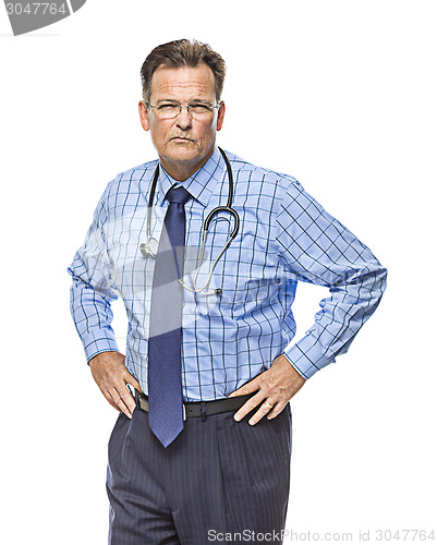 Image of Serious Male Doctor with Stethoscope on White
