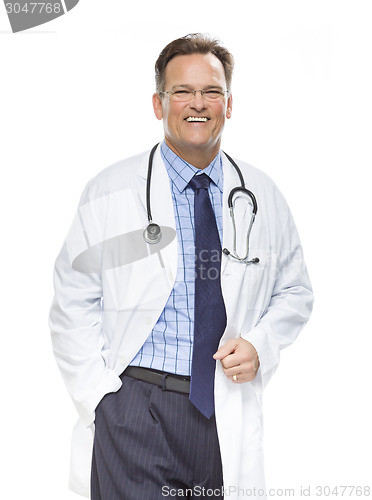 Image of Smiling Male Doctor in Lab Coat with Stethoscope on White