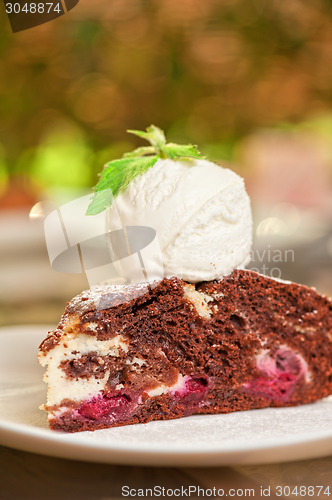 Image of chocolate cake with jam ice cream