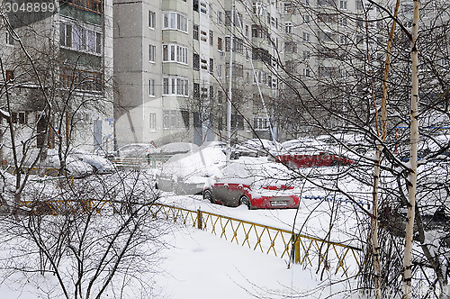 Image of the cars brought by snow are in the yard.