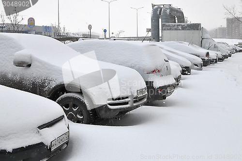 Image of the cars brought by snow are in the yard.