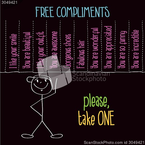 Image of Funny illustration with message: " Free compliments, please take