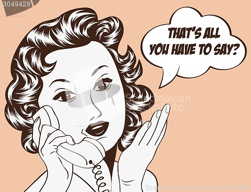 Image of cute retro woman in comics style with message