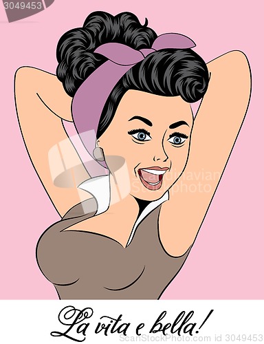 Image of cute retro woman in comics style with message