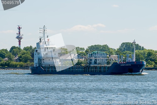 Image of Transport ship goes via Baltic sea channel to sea