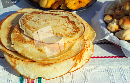 Image of Pancakes and muffins on the table.