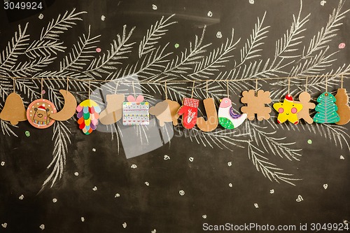 Image of Cardboard toys for the Christmas tree or garland. Creative decorations. Selective Focus