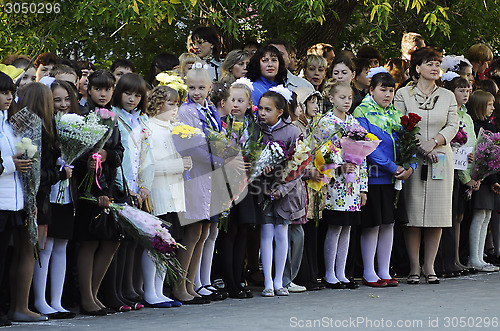 Image of Pupils of elementary school on a solemn ruler on September 1 in 