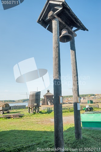 Image of Fire alarm, fire tub for water and Jail tower