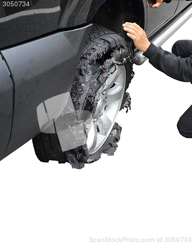 Image of exploded tire of a truck