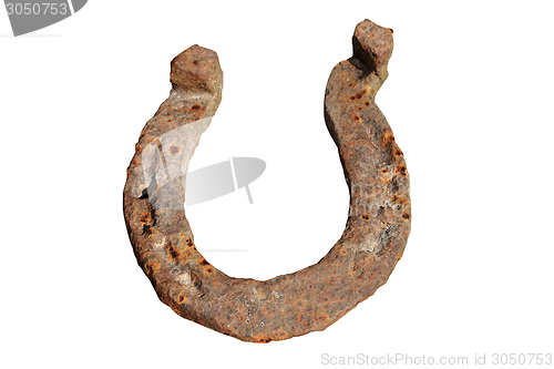 Image of rusty horseshoe on white