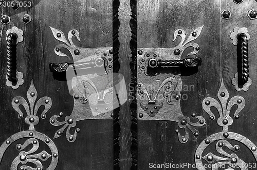 Image of Wooden door with ancient floral patten