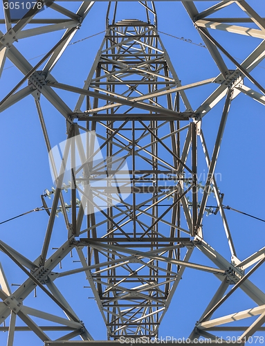 Image of Large transmission towers at sunset