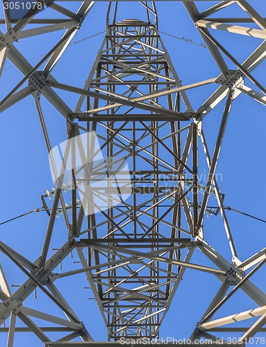 Image of Large transmission towers at sunset