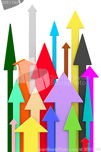 Image of Different colorful arrows directed upwards on white background