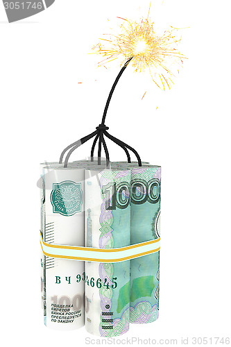 Image of Dynamite composed of ruble bills with a burning wick