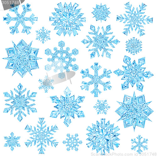 Image of Set of light blue crystal snowflakes isolated on white