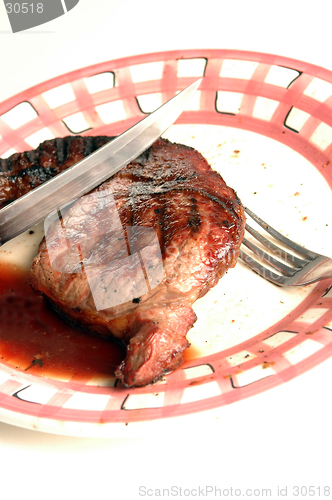 Image of ribe eye with juice and fork and knife