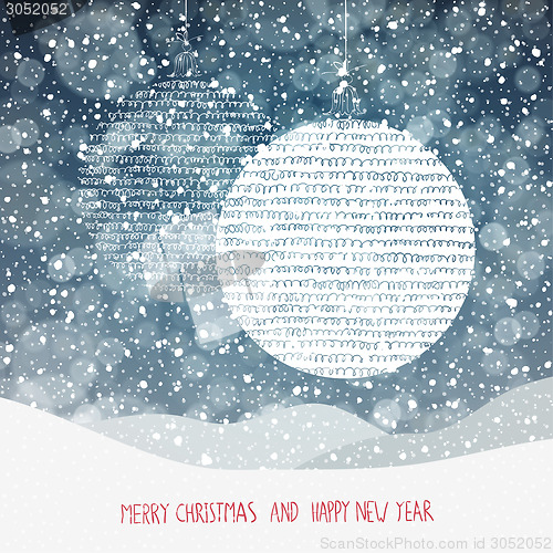 Image of Christmas Background with Christmas Ball Symbol and Falling Snow