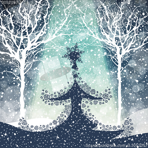 Image of Merry Christmas Tree with Falling Snow