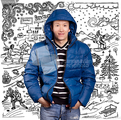 Image of Asian Man in Down Padded Coat 